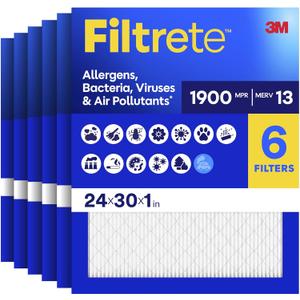 Filtrete 24x30x1 AC Furnace Air Filter, MERV 13, MPR 1900, Premium Allergen, Bacteria & Virus Filter, 3-Month Pleated 1-Inch Electrostatic Air Cleaning Filter, 6-Pack (Actual Size 23.81x29.81x0.78 in)