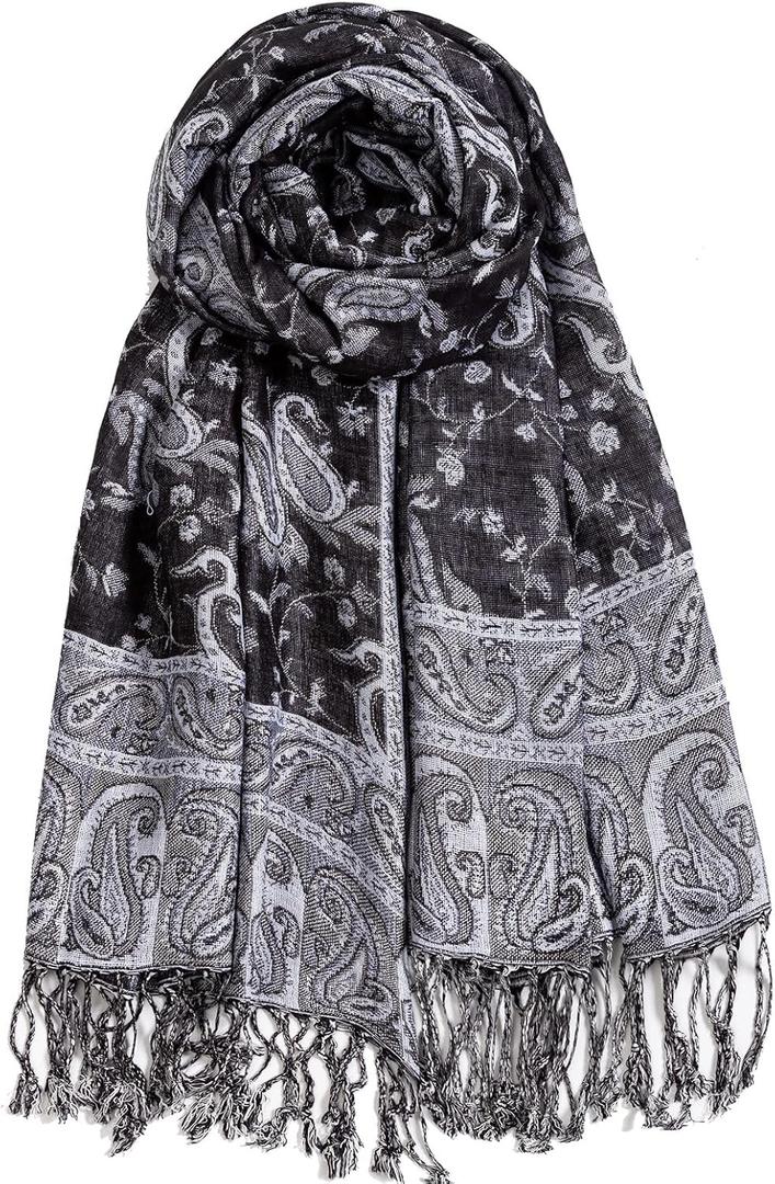 AUSEKALY Pashmina Feel Shawls Wraps for Women Rave Scarf Soft Silky Reversible Men Scarves (Black White)