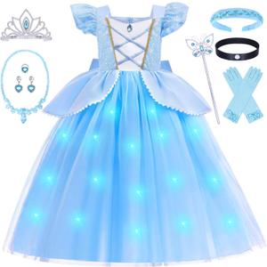 G.C Light Up Princess Costume Dress for Girls Kids Princess Dress Up Clothes Crown Wand Necklace Gloves Halloween Cosplay (1204-5 Years)
