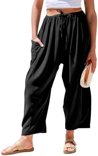 TARSE Womens Linen Wide Leg Pants Casual Loose Drawstring Summer Beach Travel Vacation Palazzo Harem Pants with Pockets Size M