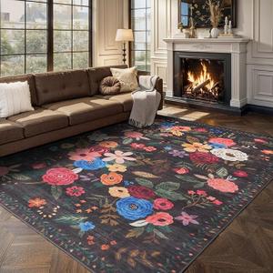 Area Rugs 9x12 Living Room Washable Rug Non Slip Floral Low Pile Large Rug for Living Room, Bedroom, Farmhouse, Dining Room, Kids Playroom(9 x 12, Beige Lawn)
