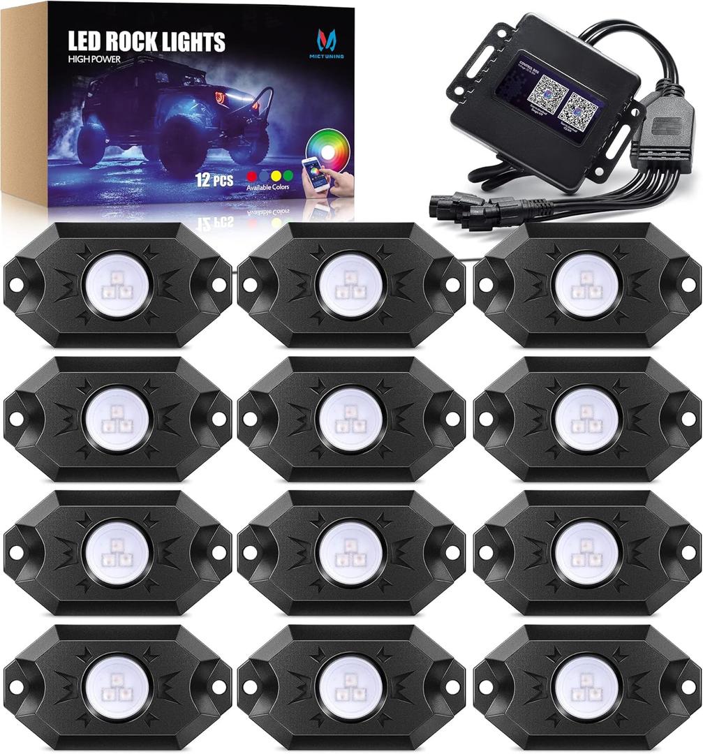 MICTUNING 2025 Upgraded CM RGB Rock Lights Kits - 12 Pods Multicolor Neon Light Waterproof Underglow Lighting Kit with APP Control & Flashing & Music Mode