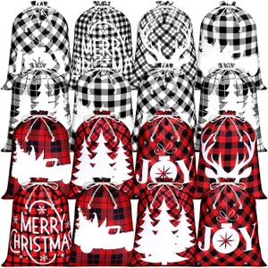 Windyun 16 Pcs Christmas Drawstring Bags Bulk Large Xmas Buffalo Plaid Drawstring Cloth Gift Bags 12 x 16 Inch Gift Wrapping Storage Sack for Party Favor(Black, White, Red Buffalo Plaid)