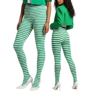 ToBeInStyle Women's Thin Horizontal Stripe Opaque Tights Pantyhose - Regular or Plus (White/Kellygreen)