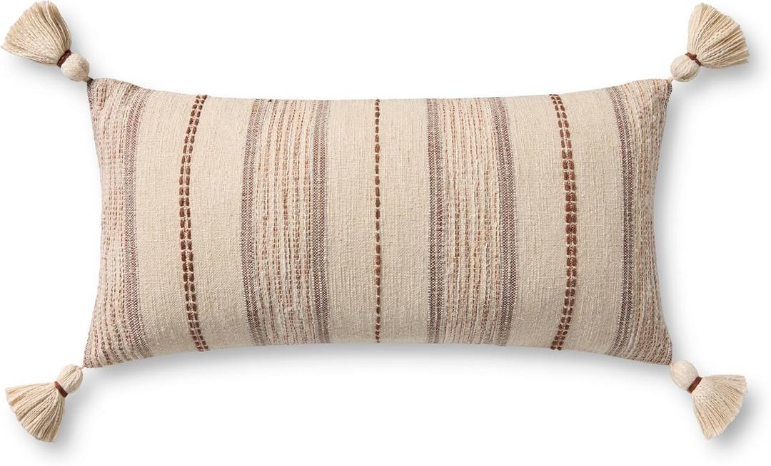 Loloi Ivory/Multi 12'' x 27'' Cover w/Down Pillow | PLL0157 Approx. 12"x27" Ivory / White, Farmhouse, Coastal, Neutral, Pillow