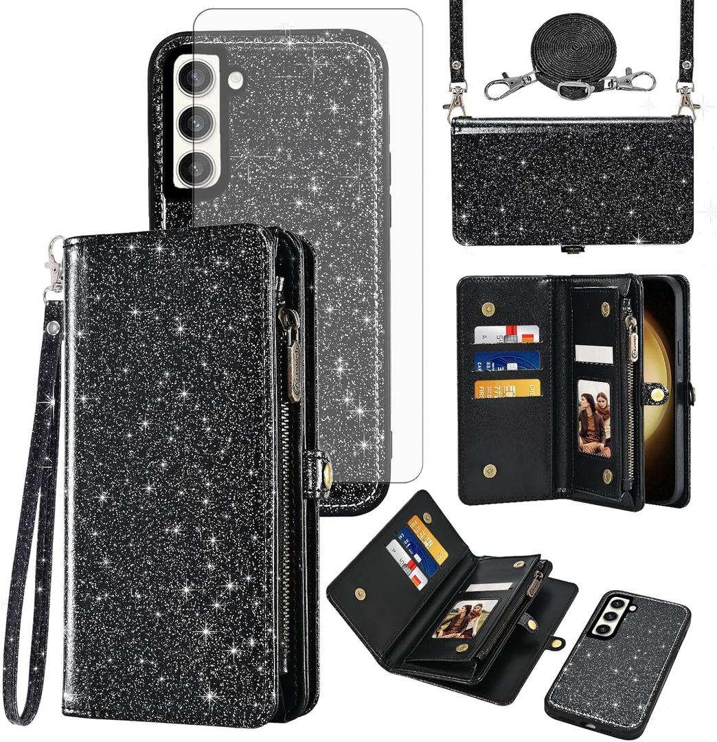 Asuwish Phone Case for Samsung Galaxy S23 Plus S23+ 5G Zipper Wallet Cell Cover with Tempered Glass Screen Protector Wrist Strap Flip Card Holder S23plus 23S + S 23 23+ SM-S916U 6.6 inch Women Black