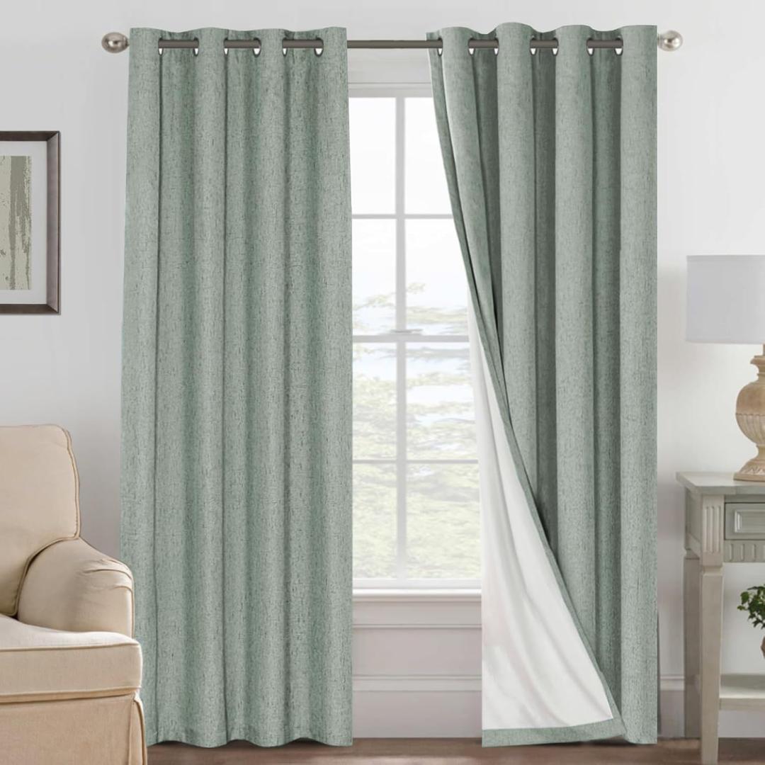 H.VERSAILTEX Bedroom Curtains Blackout Linen Blackout Curtains 84 Inches Long, 100% Blackout Thermal Textured Linen Look Curtain Draperies Grommet with White Liner, 2 Panels, Green Bay