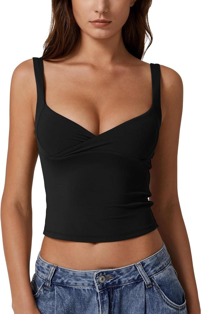 QINSEN Women's V Neck Tank Tops Double Lined Adjustable Strap Camisole Shirt (Medium, Black)