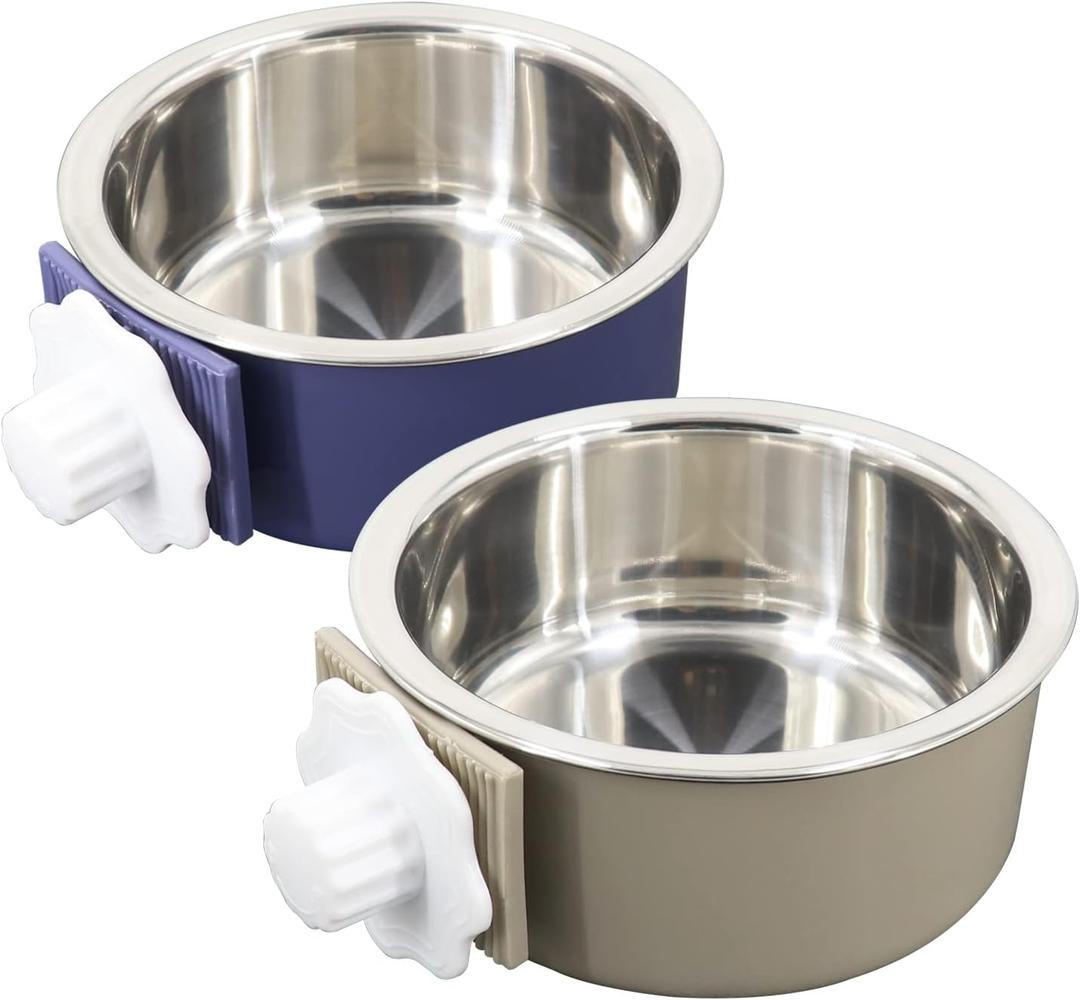 Dog Crate Bowl, Hanging Stainless Steel Removable Pet Crate Water & Food Bowls, Pet Cage Feeder Container Coop Cup for Cat Puppy Birds Rats Guinea Pigs Rabbit Hamster (2PCS) (Dark Blue/Grey)