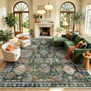 Washable Area Rugs - Perfect for Living Room, Bedroom, Kids Room, Nursery - Stain & Water Resistant Non-Slip, Pet & Child Friendly, Vintage Tribal Area Rugs (Green, 8' x 10')