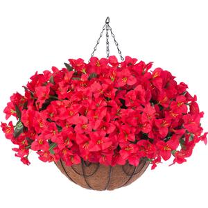 Artificial Fake Hanging Flowers for Outdoors Basket Spring Decor, Bougainvillea Faux Hanging Plants Outdoor Silk Flower in Planter Look Real UV Resistant for Outside Porch Patio Garden Yard Home, Red