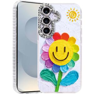 Compatible with Samsung Galaxy S24 Plus & S25+ Case,with [Shockproof Protective][Camera Protection]Cute Rainbow Flower Aesthetic Phone Cover Anti-Yellowing Soft Slim Cover for Women Girl-White