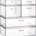 Stackable Storage Drawers, 6 Pack Clear Acrylic Organizer Bins with Golden Handles, Multi-Size Plastic Drawers for Makeup, Vanity, Kitchen, Bathroom, Office, Under Sink & Cabinet Organizatio