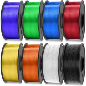 TECBEARS Translucent PLA 3D Printer Filament, PLA Filament Bundle, 0.25kg Each Spool, Total 2kg, 8 Packs, Black+White+Transparent (Red,Purple,Orange,Blue,Yellow,Green)