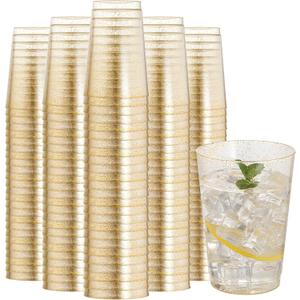 I00000 200 Pack 12 oz Gold Glitter Plastic Cups, Clear Disposable Cups, Disposable Plastic Wine Glasses Cocktail Glasses Premium Cups, 12 Ounce Glitter Tumblers for Party & Wedding