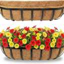 24" Railing Planter with Adjustable Brackets, Window Box with Coco Liner, Hanging Flower Metal Box for Indoor Outdoor, Balcony Deck Fence Porch Patio, Black, Set of 2