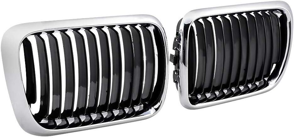 Compatible with '97-'99 BMW 3 Series 328i 323is 318i E36 2pcs Front Center Hood Kidney Grill Grille (Black Chrome), (A14-096-AMP-3-BE)