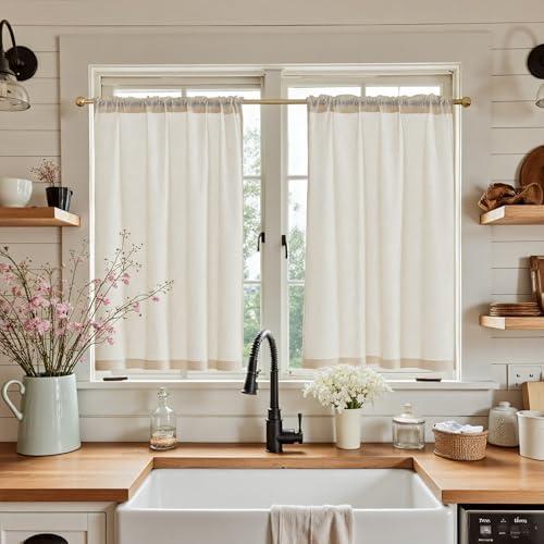 Jinchan Beige Linen Kitchen Curtains 36 Inch Tier Curtains Farmhouse Cafe Light Filtering Small Window Drapes Flax Country Rustic Rod Pocket Bathroom Laundry Room RV 2 Panels Crude