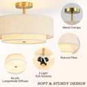 16" Semi Flush Mount Ceiling Light, 3-Light Gold Drum Ceiling Light Fixture with 2-Tier Fabric Linen Shade, Farmhouse Chandelier for Dining Room, Living Room, Bedroom, Kitchen, Hallway, Entryway