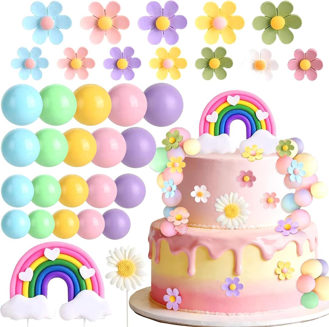 34Pcs Rainbow Cake Topper Groovy Birthday Party Decorations Boho Rainbow Balls Cake Decorations Daisy Flower Bridal Shower Retro Hippie Party Supplies (Colorful)