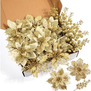 22 Pcs Gold Poinsettia Artificial Flowers and Glitter Berries Stems Kit, Christmas Poinsettias Decorations and Tree Ornaments for Xmas Home Wedding Holiday Decor