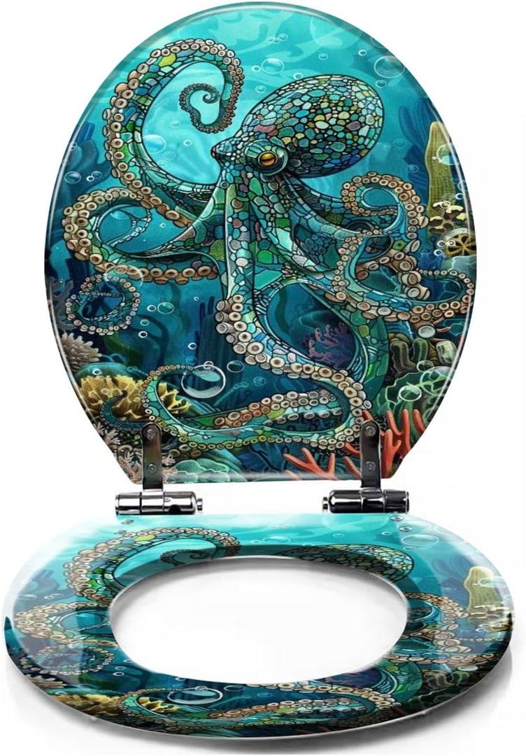 Colored Toilet Seat with Slow Close, Teal Blue Ocean Octopus Coral Reefs Resin Toilet Seats, Easy to Install, Easy to Clean Heavy Duty Deluxe Toilet Seat (pattern3)