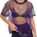 OYOANGLE Women's See Through Top Metallic Mesh Sheer Short Sleeve Rave T-Shirt (Large, Black Purple)