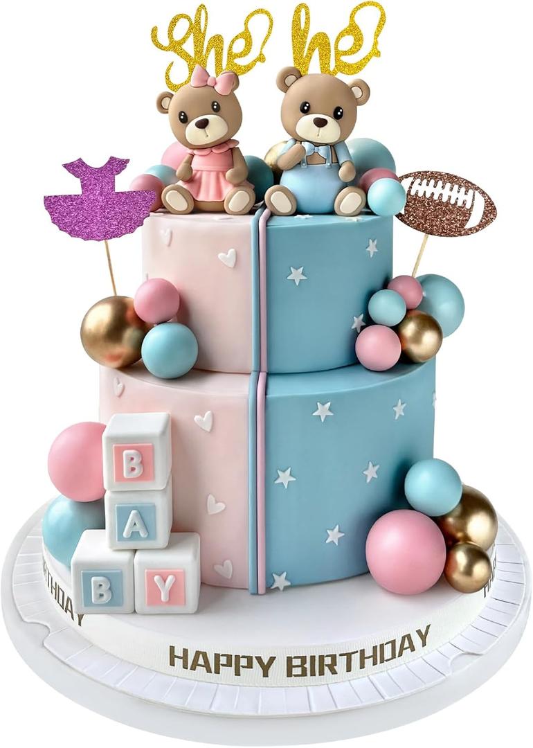 34 PCS Gender Reveal Cake Topper - Bear Balls Cake Decorations with He or She Cake Topper for Boys and Girls Gender Reveal Baby Shower Birthday Party Supplies (Blue Pink - 1)