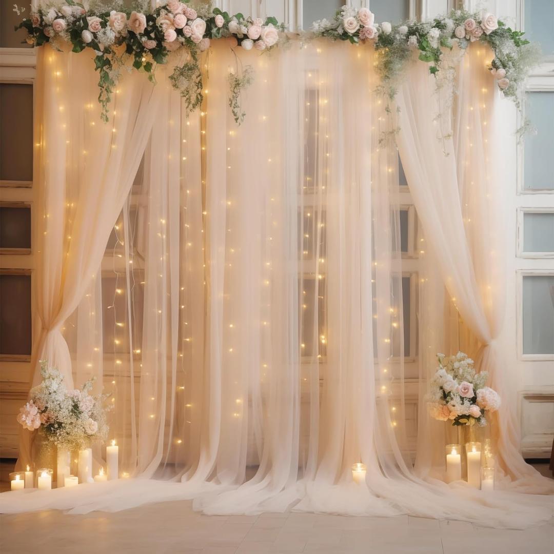 20×10ft Champagne Tulle Backdrop Curtain with Lights String for Parites, Sheer Curtain Backdrop Drapes for Wedding Party Home Decorations