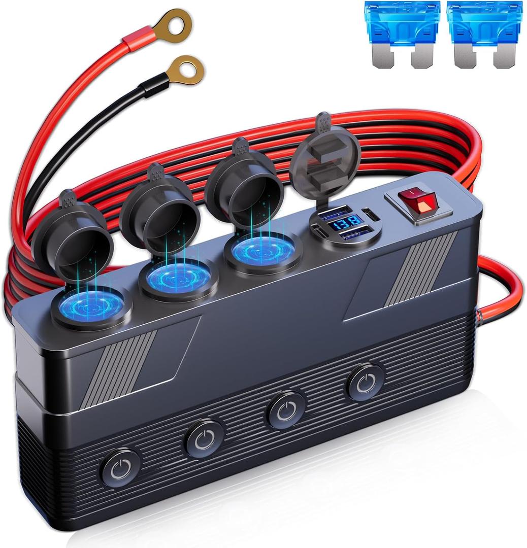 12V Cigarette Lighter Socket Splitter: 180W 15A Power Outlet 3 Socket 4 USB Ports PD66W QC18W - Cigarette Lighter Splitter with 10FT Cable Eyelet Terminal Power Supply Car Plug outlet Battery Adapter