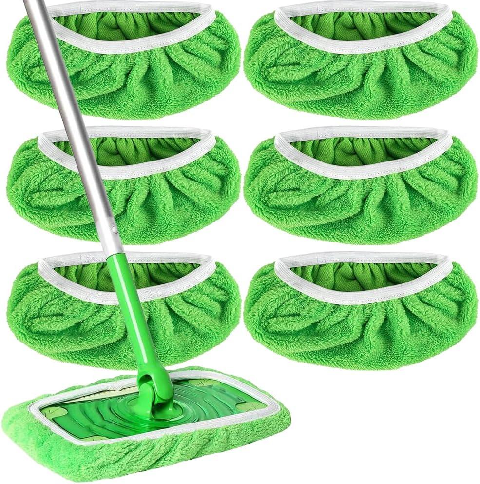 6 Pack Green Microfiber Mop Pads - Reusable Washable Refills for Wet & Dry Floor Cleaning - Fits Most Standard Mops - Household Cleaning Pads