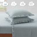 KKJIAF 4 Pieces Plaid Ruffle King Size Sheets Set, Cotton Gingham King Sheet Set Linen Feel Comfy Breathable Ruffed Plaid Bed Sheet Set with 16 Inch Deep Pocket, Dusty Blue