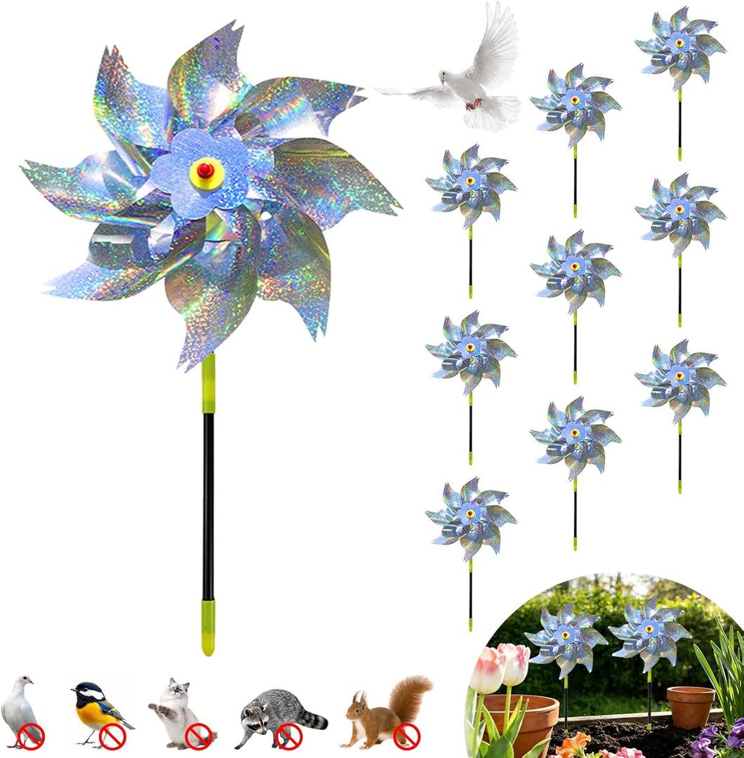 Reflective pinwheels for Yard and Garden 10pack pin Wheels, whirligigs Wind Spinners DIY Plastic Windmill Decor, Wind Mill Bird-Geese-Duck-Goose-Squirrel deterrents for Outside Garden Yard Outdoor