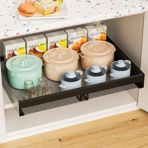 Hisencn Pull Out Cabinet Organizer, Expandable Width 13.9"-22", 21.8" Deep Heavy Duty Slide Out Drawer for Kitchen Cabinets, No Drill Roll Out Shelves with Adhesive Nano Film (Black)