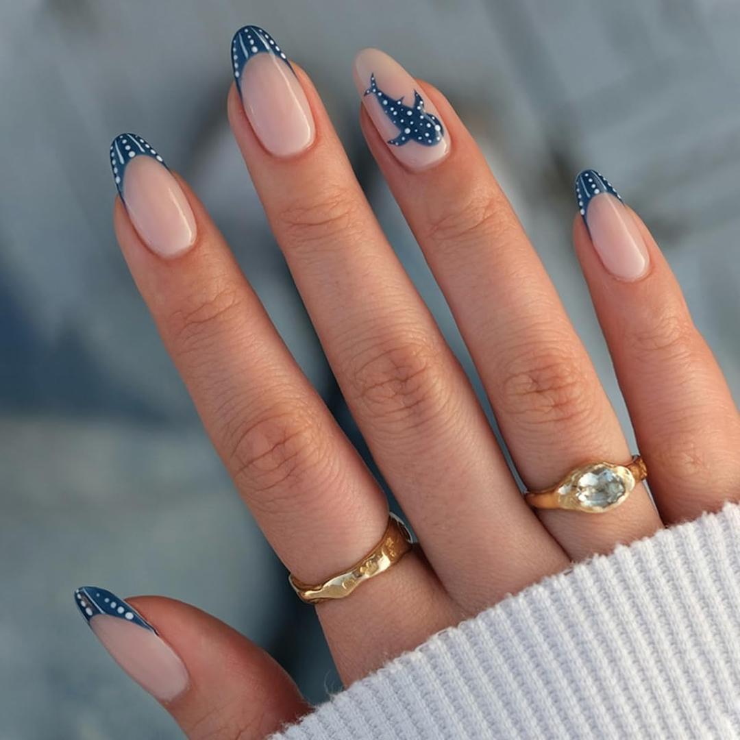 Summer Press on Nails Almond Cute Fake Nails - Navy Blue French Tip False Nails, Nude Stick on Nails with Whale Shark Design, Ocean Beach Glue on Nails for Women Manicure 12 Sizes - 24 Pcs