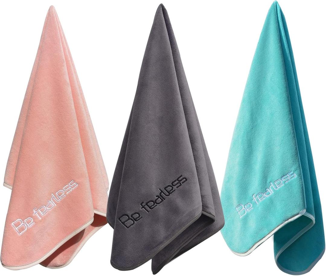 Microfiber Gym Towels Bigger Size Super Soft for Exercise Fitness, Sports, Workout, 380-GSM 15-Inch x 31-Inch Quick-Drying Towels (Teal-Pink-Grey, 3 Pack)