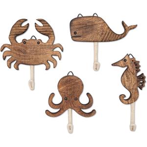 Crane Baby Sea Life Wooden Wall Hooks - Set of 4 Wooden Ocean Nursery Decor Towel Hooks