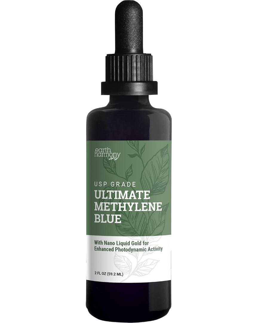 Earth Harmony Methylene Blue, 1% USP (Pharmaceutical) Grade, with Nano Liquid Gold for Photodynamic Research, Miron Glass Bottle (2 Oz)