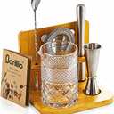 Barillio 24 Oz Crystal Cocktail Mixing Glass with Bamboo Stand & Bar Tools | Seamless Lead-Free Crystal, Weighted Base Stirring Pitcher | Including Muddler, Mixing Spoon, Jigger and Strainer (7-Piece Set (24 oz))