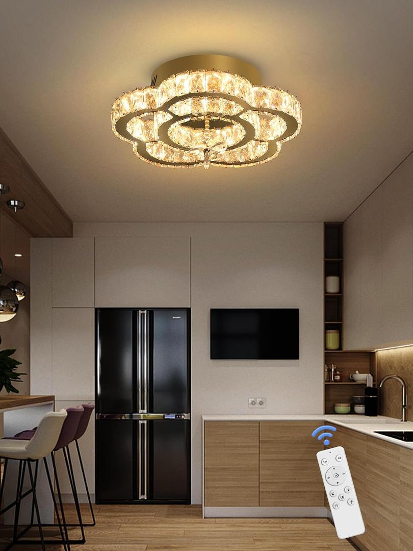 Flashing God W16'' Modern Gold Chandeliers for Living Room Crystal Ceiling Light Fixtures LED Flush Mount Light for Foyer Hallwey Bedrooms Dining Room Dimmable 2700k-6000k