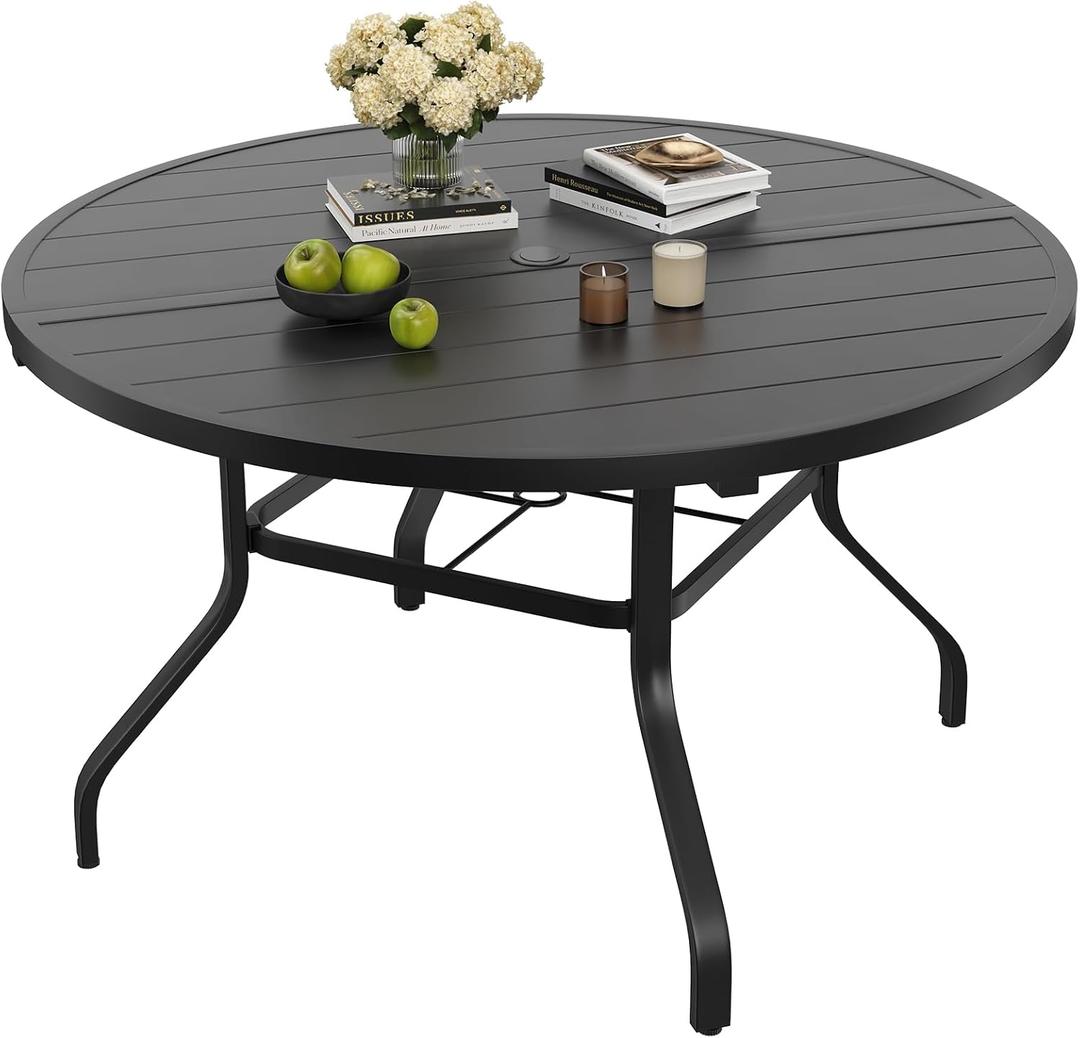Soohow Round Outdoor Patio Dining Table, 47" Round Patio Table with 1.57" Umbrella Hole, Metal Outdoor Dining Tables for Patio, Graden, Backyard and Poolside, 47" Dia