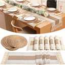 Boho Placemats 4/6/8 Set of Round Woven Placemat Macrame Style Bicolor Stitching Long Table Runner Farmhouse Rustic Natural Burlap Cotton for Kitchen Dining Table(6 Sets,Brown,12x72)