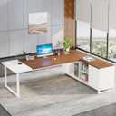 Tribesigns 70.8" L-Shaped Executive Desk with 55" File Cabinet, Large Home Office Computer Desk with Storage Shelves and Cabinet, Modern Business Furniture Set Home Office, Walnut White