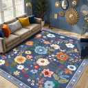 RELEANY Floral Nursery 9x12 Area Rugs Washable Print Boho Cute Carpet Non Slip Flower Low Pile for Living Room Kids Girls Playroom Bedroom Kitchen Office Farmhouse-Blue/Grey