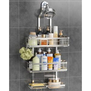 OMAIRA Shower Caddy Hanging with Soap Scrub Holder, Stainless Steel Adjustable No Drilling Non-Slip Large Capacity Sturdy Over Shower Head Shower Organizer Inside Shelves Bathroom Storage Rack, Silver