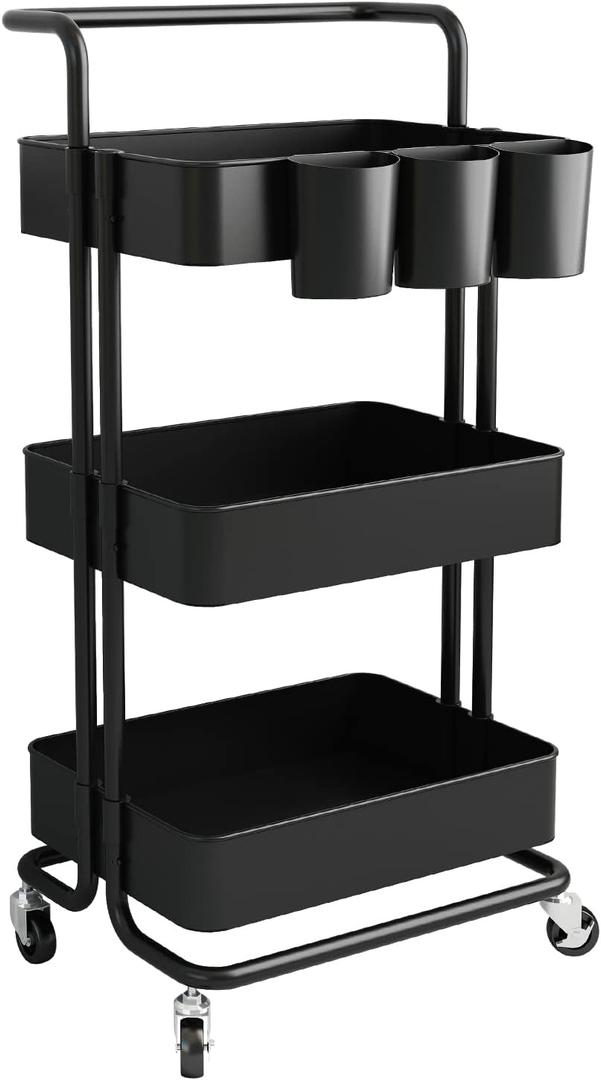 AIYAKA 3-Tier Rolling Utility Storage Cart, Multifunction Trolley Service Cart, with Mesh Basket Handles and Wheels, for Bathroom, Kitchen, Office, Black
