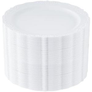 Upassion 100 Pieces White Plastic Plates - 10.25 inch White Dinner Disposable Plates - Premium Hard Disposable Dinner Plates - Party Supplies for Birthdays, Celebrations, Wedding and Events