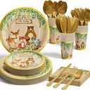 Woodland Baby Shower Decorations Supplies - 175PCS Forest Animal Disposable Dinnerware Set (25 Guest) With Gold Paper Plates Cups Napkins Plastic Fork Knives Spoon for Baby Boy Birthday Party