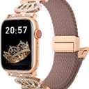 Braided Stretchy Bands with Magnetic Clasp for Apple Watch Band 40mm 38mm 41mm 42mm 44mm 45mm 46mm 49mm, Bling Crown Designer Soft Nylon Sport Solo Loop for iWatch Series 10 9 8 7 6 5 4 3 Ultra 2 1 SE (Pink)