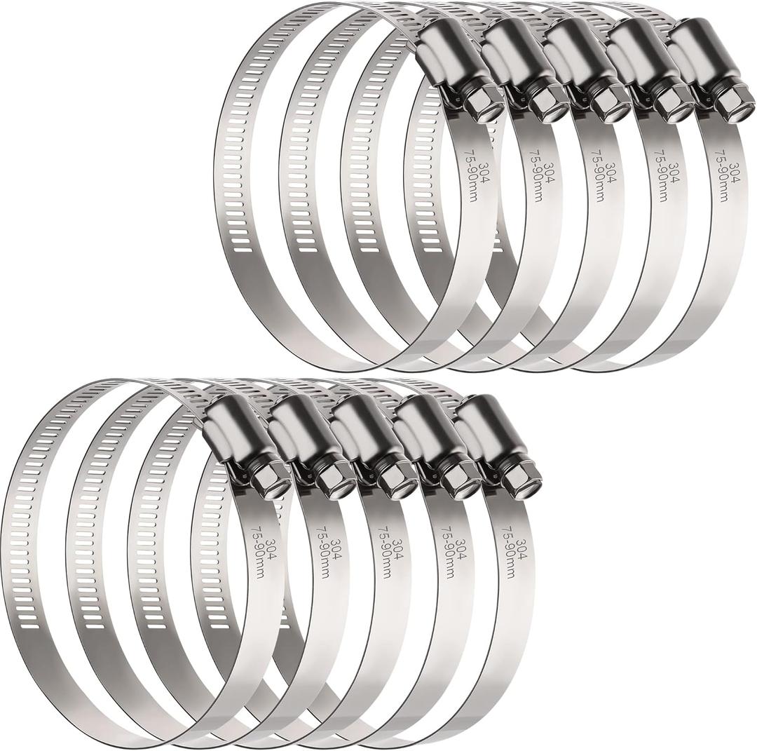 OURU Large Hose Clamps, 10 Pack 3 Inch Stainless Steel Hose Clamps Adjustable from 2-15/16"-3-1/2"/75-90mm, Metal Worm Gear Duct Clamp for Air Ducting, Dryer Vent Hose, Fuel Line, Automotive